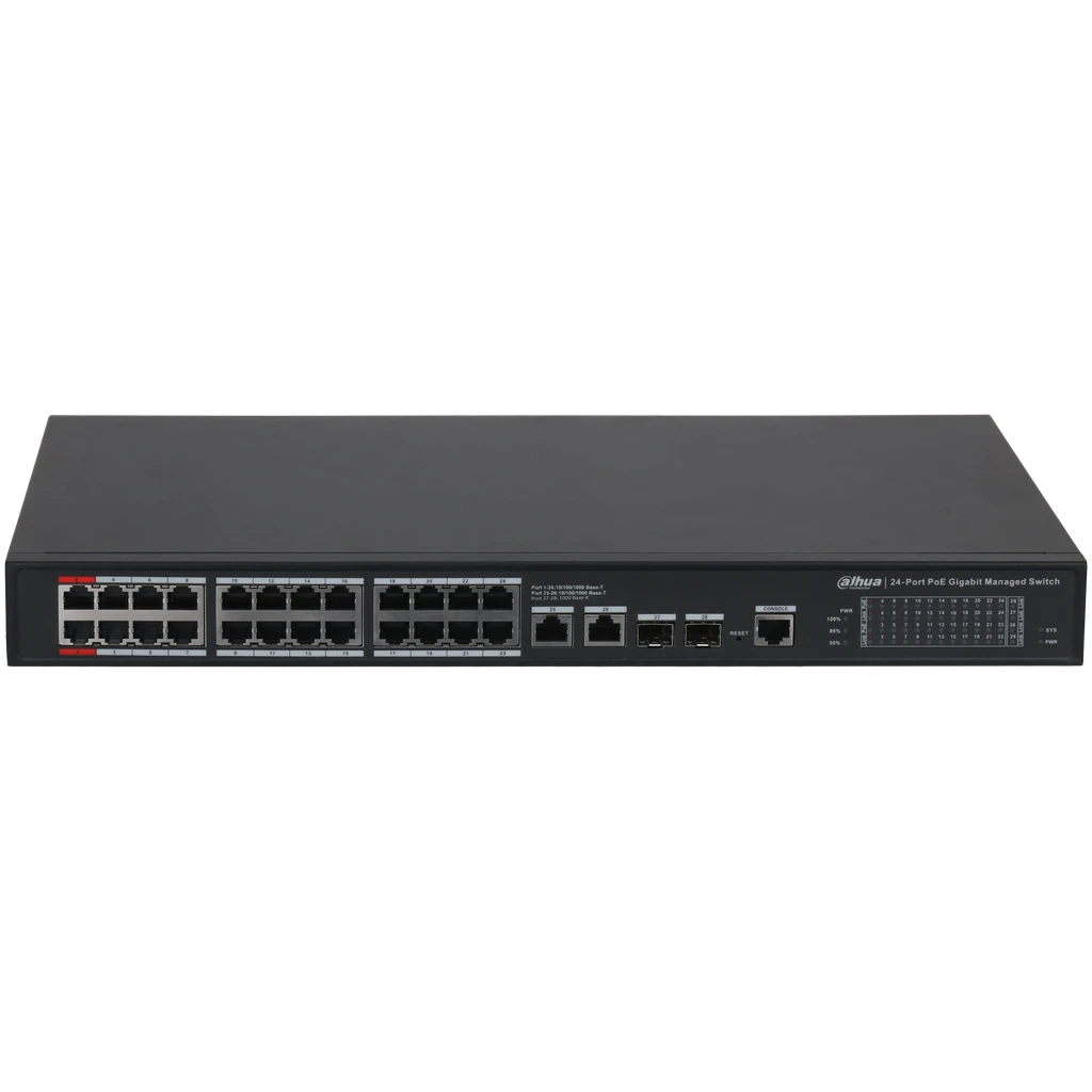 Switch Dahua Admin 24 puertos GE PoE, 2 puertos GE + 2 puertos GE SFP 56 Gbps 41 DH-S4228-24GT-240.