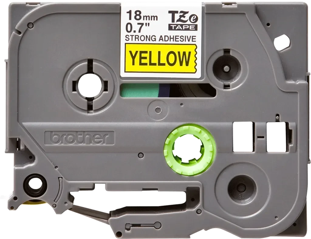 TZeS641. Cinta BROTHER E-P 18mm Negro en Amarillo 8mt p/PT-E300VP/D600VP Extra Pegamento